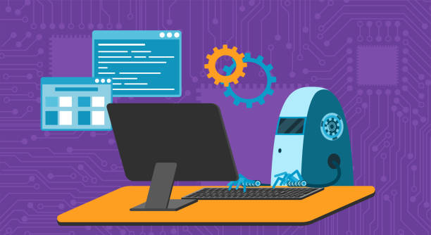 automated work of software, business project development, robot using keyboard at table - 系統(tǒng)軟件開發(fā) 幅插畫檔、美工圖案、卡通及圖標(biāo)